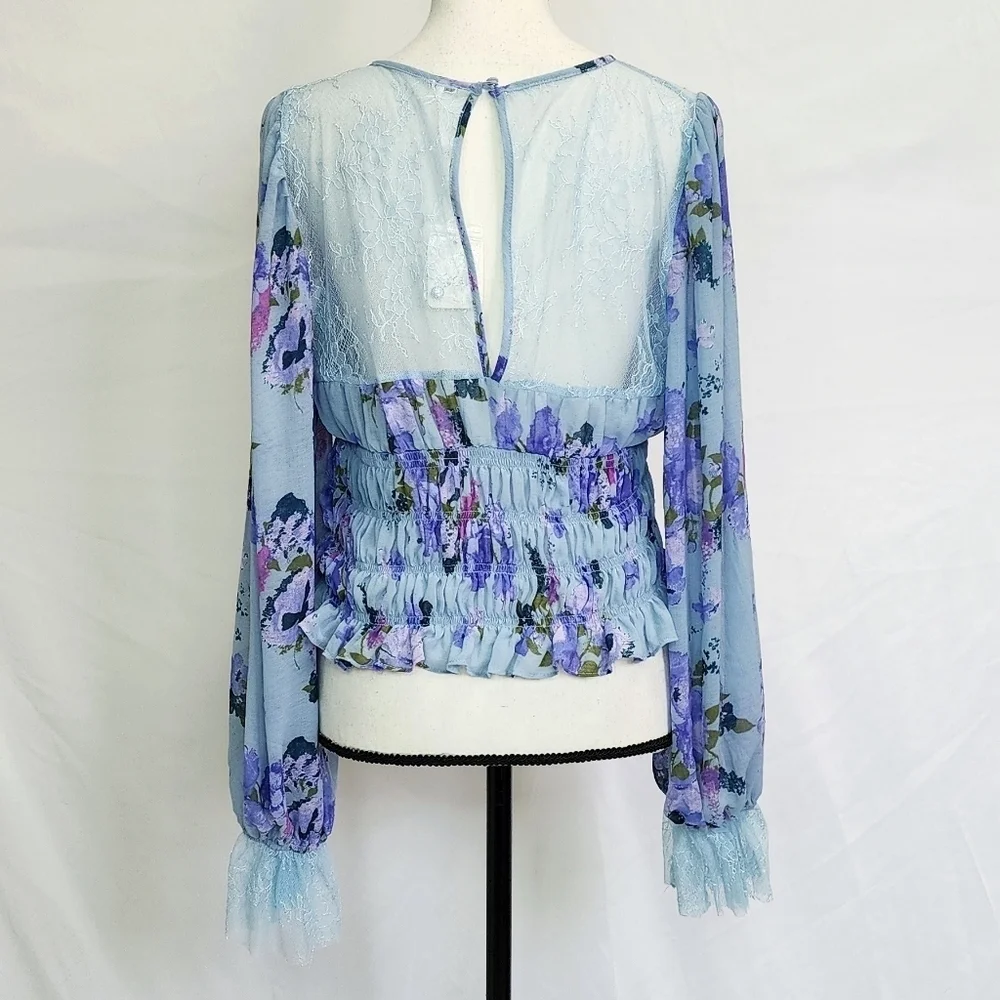 Free People Lace Sheer Smocked Crew Neck Keyhole Back Cropped Long Sleeve Top